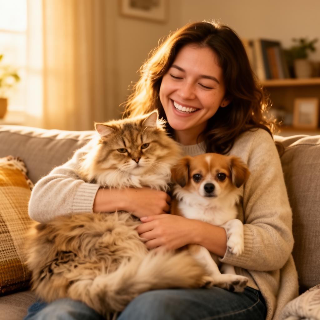 Tutora abraçando seu gato e cachorro no sofá de casa