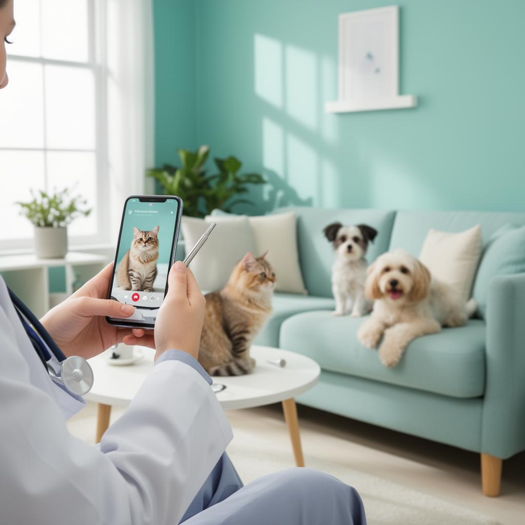 Veterinária em consulta de telemedicina com um gato e um cachorro em casa